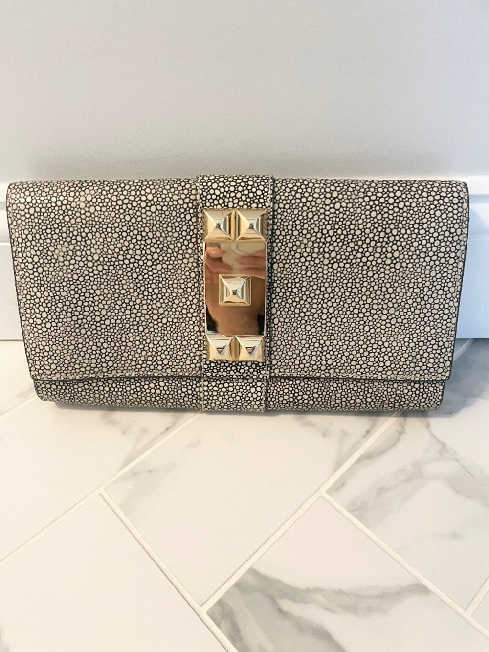Vince Camuto Oversized Textured Clutch Black Cream Gold Hardware